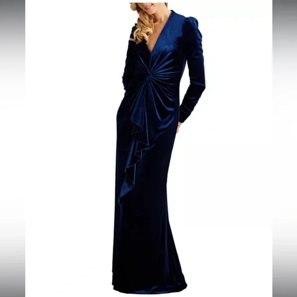 NWOT Tadashi Shoji Navy Blue Bevan Velvet Waterfall Drape Gown Sz S